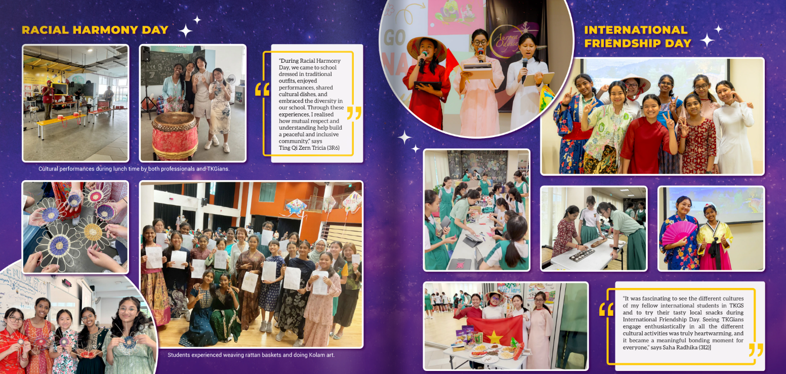 Collage of TKGS students celebrating Racial Harmony Day and International Friendship Day through cultural performances, traditional dress, crafts, food and activities that promote diversity and friendship.